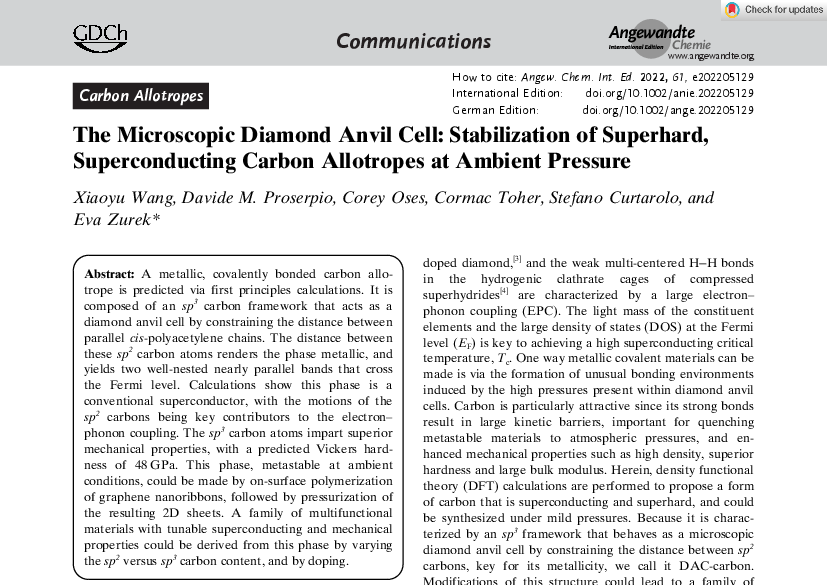 Graphical abstract for The Microscopic Diamond Anvil Cell: Stabilization of Superhard, Superconducting Carbon Allotropes at Ambient Pressure