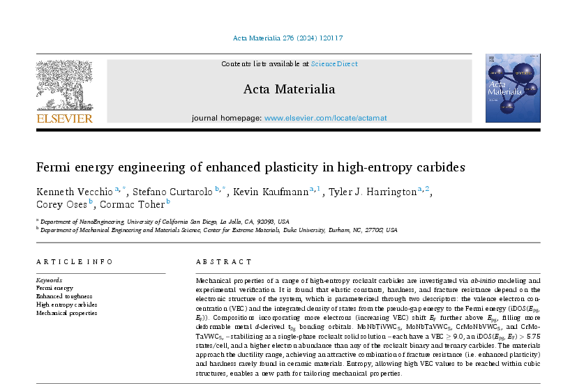 Graphical abstract for Fermi energy engineering of enhanced plasticity in high-entropy carbides