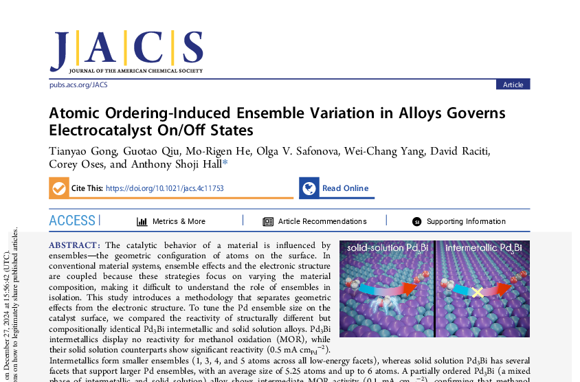 Graphical abstract for Atomic Ordering-Induced Ensemble Variation in Alloys Governs Electrocatalyst On/Off States