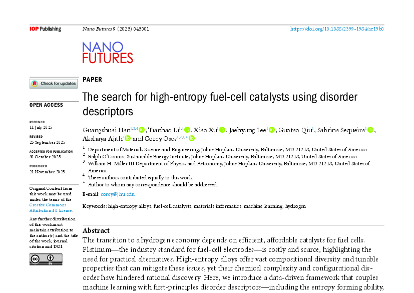 Graphical abstract for The search for high-entropy fuel-cell catalysts using disorder descriptors