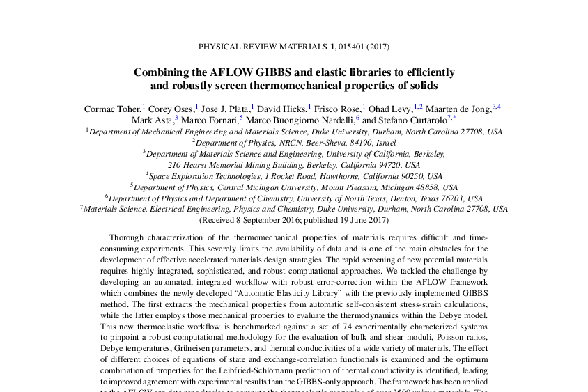 Graphical abstract for Combining the AFLOW GIBBS and elastic libraries to efficiently and robustly screening thermomechanical properties of solids