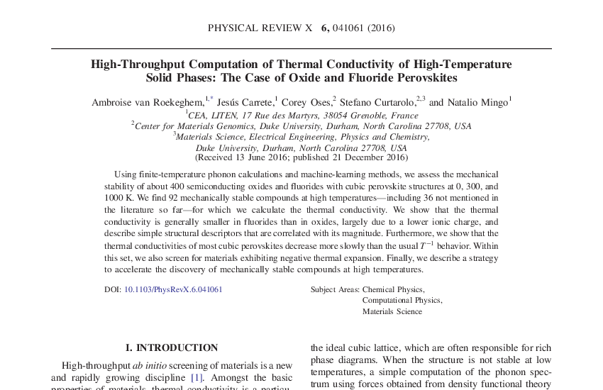 Graphical abstract for High-Throughput Computation of Thermal Conductivity of High-Temperature Solid Phases: The Case of Oxide and Fluoride Perovskites